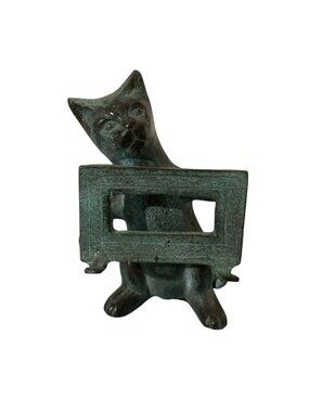Vintage Green Verdigris Finish Cat Figurine Card Holder